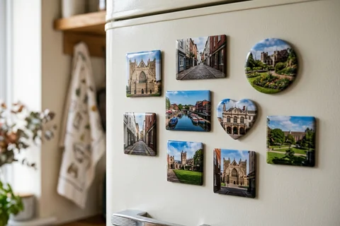 mixmags photo magnets exeter – several photo magnets of Exeter landmarks in different shapes on a fridge door