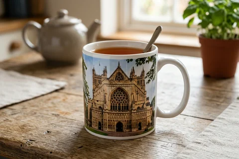 photo mug exeter – a ceramic mug with a wrap-around print of the Cathedral's west front on a kitchen table