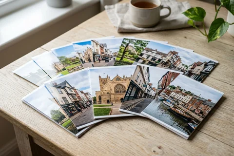 photo prints exeter – a loose fan of 10×15 cm photo prints of Exeter street scenes on a pale wooden table