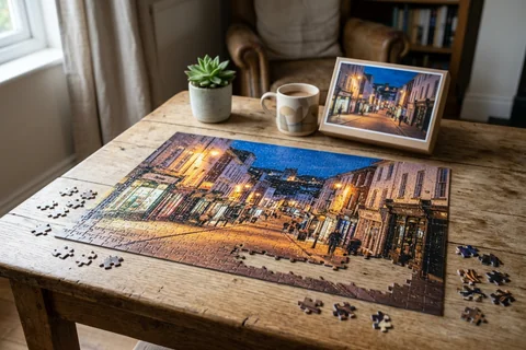 photo puzzle exeter – a partly completed jigsaw puzzle of Fore Street lights on a wooden table