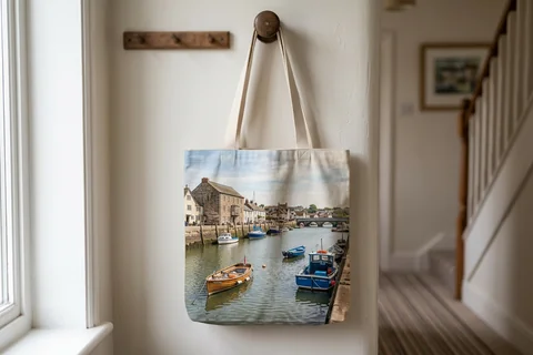 photo tote bag exeter – a cloth tote bag printed with a photograph of Topsham quay hanging on a hallway hook