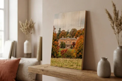 photo print on wood exeter – a wood print of Killerton in autumn with the grain visible through the image, leaning on a shelf