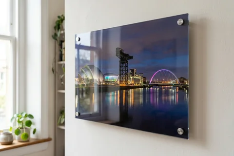 acrylic photo print glasgow – a glossy acrylic print of the Finnieston skyline at night mounted off a pale wall