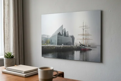 aluminium photo print glasgow – a matte aluminium panel print of the Riverside Museum in morning mist mounted flush on a grey wall