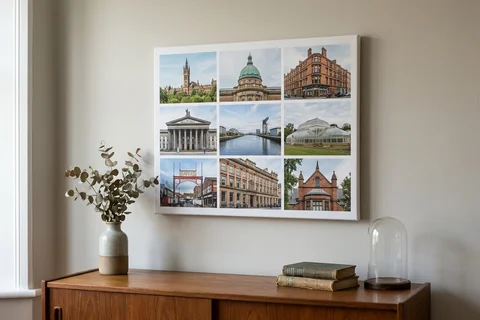 canvas collage print glasgow – a collage canvas of nine small Glasgow scenes in a nine-photo grid hung above a sideboard