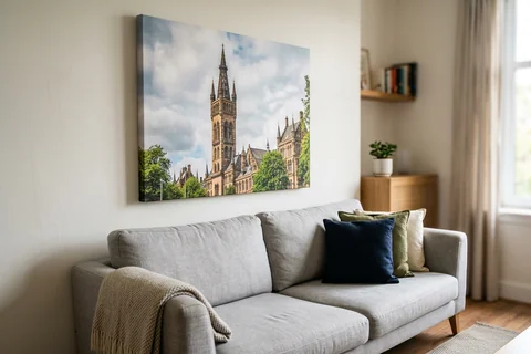 canvas print glasgow – a gallery-wrapped canvas print of the University of Glasgow towers hung above a sofa