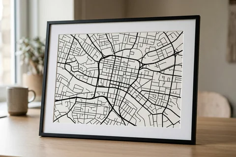 glasgow city map poster – a framed minimalist black-and-white street map poster of the city centre grid on a desk