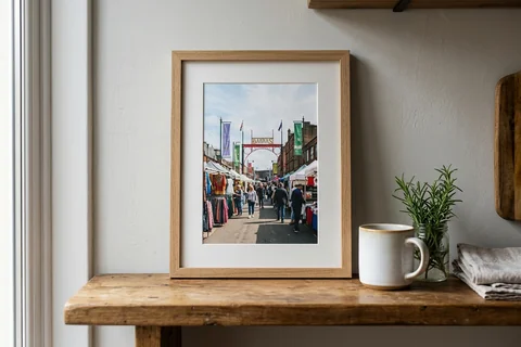 framed photo board glasgow – a slim-framed photo board of the Barras market standing on a kitchen shelf