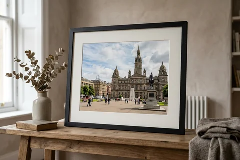 framed photo print glasgow – a framed print of George Square and the City Chambers with a white mount and black frame standing on a console table