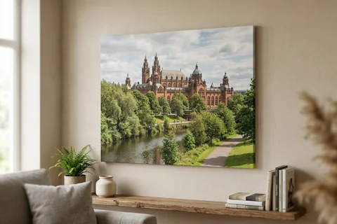 large canvas print glasgow – a very large canvas of Kelvingrove Park looking towards the Art Gallery dominating a living room wall