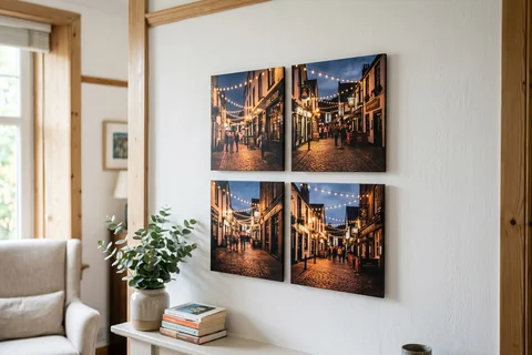 mixpix photo tiles glasgow – four 20×20 cm photo tiles of Ashton Lane fairy lights arranged in a cluster on a white wall with no visible fixings