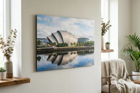 photo board print glasgow – a frameless matte photo board of the SEC Armadillo hanging flush on a pale wall