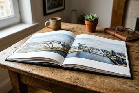 photo book glasgow – an open layflat photo book showing a panorama of the Clyde waterfront across the double-page spread