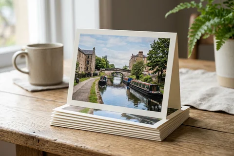 photo cards glasgow – a stack of folded greetings cards with a photograph of the Forth and Clyde Canal on the front, one propped open
