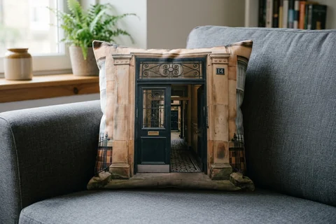 photo cushion glasgow – a plush square cushion printed borderless with a Glasgow close doorway on a grey sofa