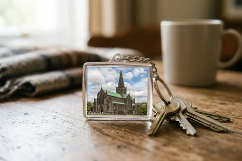 photo keyring glasgow – a rectangular photo keyring showing Glasgow Cathedral beside a set of keys