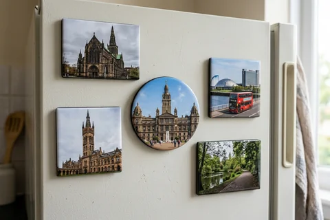 mixmags photo magnets glasgow – several photo magnets of Glasgow landmarks in different shapes on a fridge door