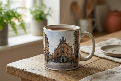 photo mug glasgow – a ceramic mug with a wrap-around print of the Merchant City on a kitchen table