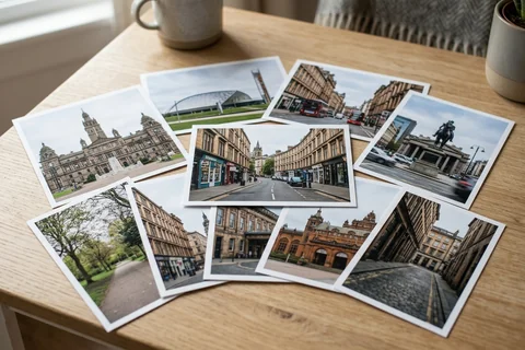 photo prints glasgow – a loose fan of 10×15 cm photo prints of Glasgow street scenes on a pale wooden table