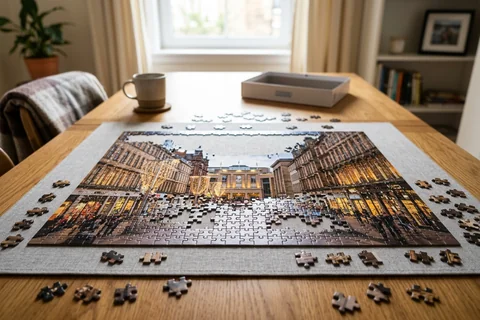 photo puzzle glasgow – a partly completed jigsaw puzzle of Buchanan Street lights on a wooden table