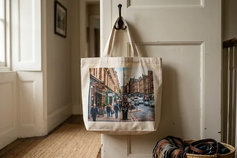 photo tote bag glasgow – a cloth tote bag printed with a photograph of Byres Road hanging on a hallway hook