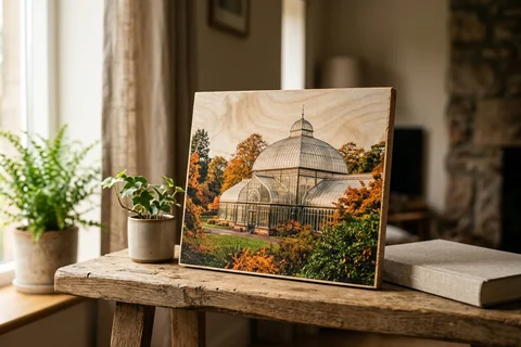 photo print on wood glasgow – a wood print of the Botanic Gardens glasshouse in autumn with the grain visible through the image, leaning on a shelf