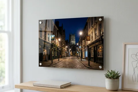 acrylic photo print hull – a glossy acrylic print of the Old Town at night mounted off a pale wall