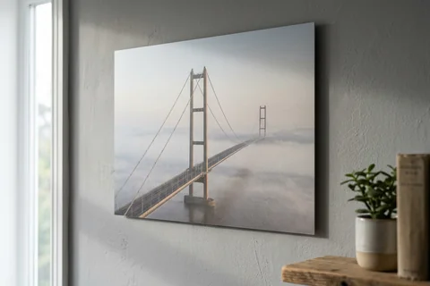 aluminium photo print hull – a matte aluminium panel print of the Humber Bridge in morning mist mounted flush on a grey wall
