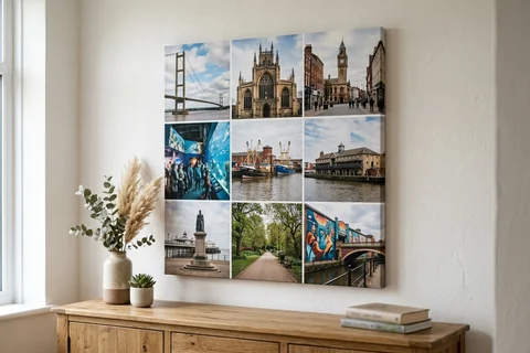canvas collage print hull – a collage canvas of nine small Hull scenes in a nine-photo grid hung above a sideboard