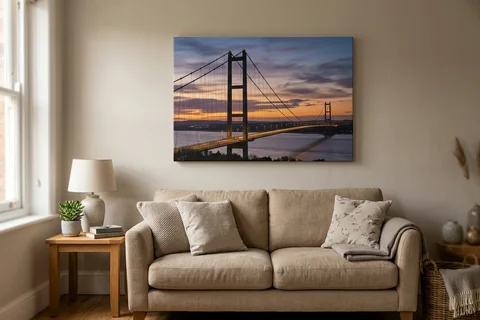 canvas print hull – a gallery-wrapped canvas print of the Humber Bridge at dusk hung above a sofa