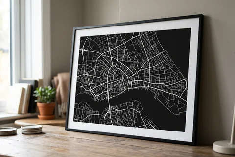 hull city map poster – a framed minimalist black-and-white street map poster of the city centre on a desk