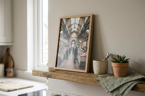 framed photo board hull – a slim-framed photo board of Trinity Market standing on a kitchen shelf