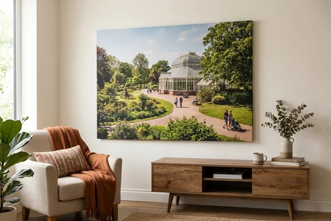 large canvas print hull – a very large canvas of Pearson Park looking towards the conservatory dominating a living room wall