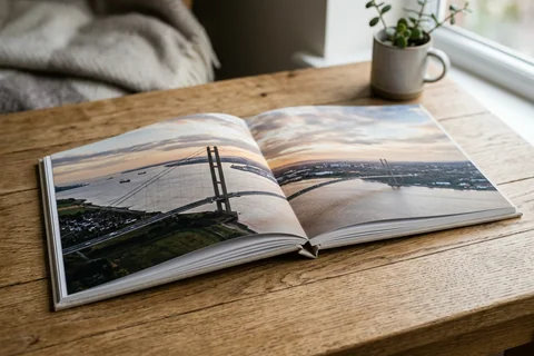 photo book hull – an open layflat photo book showing a panorama of the Humber across the double-page spread