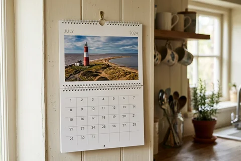 photo calendar hull – a spiral-bound wall calendar open on a month showing Spurn Point, hanging in a kitchen