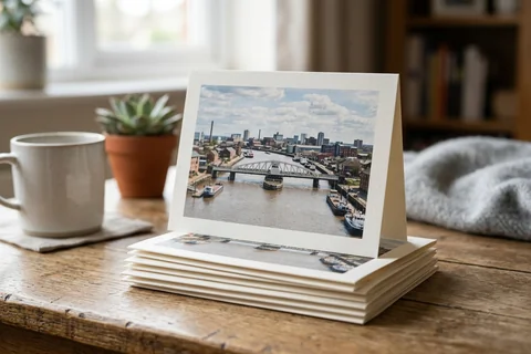 photo cards hull – a stack of folded greetings cards with a photograph of the River Hull at Drypool on the front, one propped open