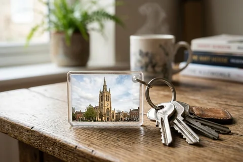 photo keyring hull – a rectangular photo keyring showing Hull Minster's tower beside a set of keys