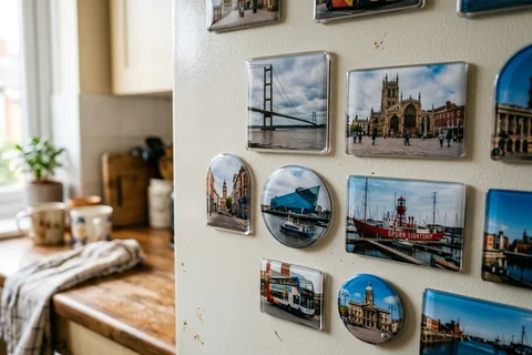 mixmags photo magnets hull – several photo magnets of Hull landmarks in different shapes on a fridge door