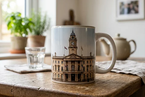 photo mug hull – a ceramic mug with a wrap-around print of the Guildhall on a kitchen table