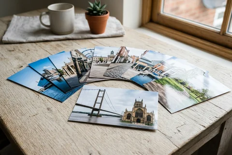 photo prints hull – a loose fan of 10×15 cm photo prints of Hull street scenes on a pale wooden table