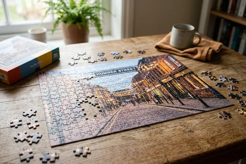 photo puzzle hull – a partly completed jigsaw puzzle of Humber Street lights on a wooden table