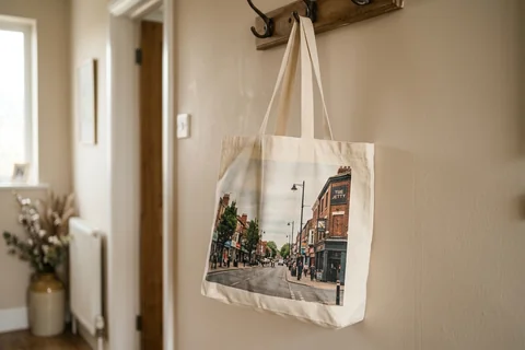 photo tote bag hull – a cloth tote bag printed with a photograph of Newland Avenue hanging on a hallway hook