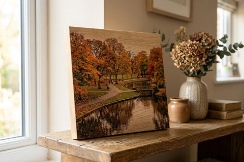 photo print on wood hull – a wood print of East Park in autumn with the grain visible through the image, leaning on a shelf