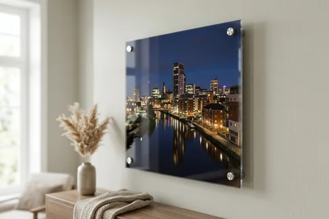acrylic photo print leeds – a glossy acrylic print of the city skyline at night from Bridgewater Place mounted off a pale wall