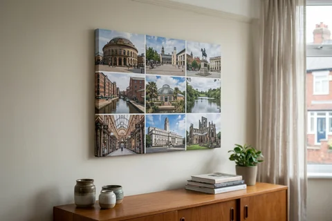 canvas collage print leeds – a collage canvas of nine small Leeds scenes in a nine-photo grid hung above a sideboard
