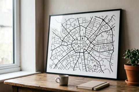 leeds city map poster – a framed minimalist black-and-white street map poster of the city centre on a desk