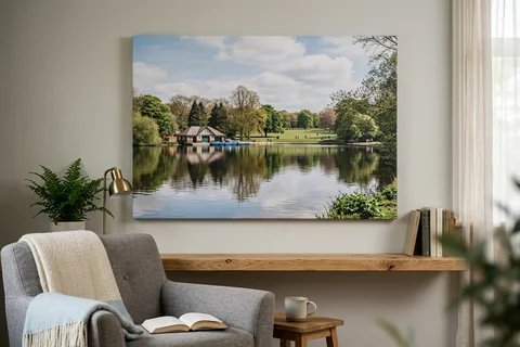 large canvas print leeds – a very large canvas of Roundhay Park looking across Waterloo Lake dominating a living room wall
