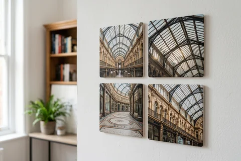 mixpix photo tiles leeds – four 20×20 cm photo tiles of Victoria Quarter arcade glass arranged in a cluster on a white wall with no visible fixings