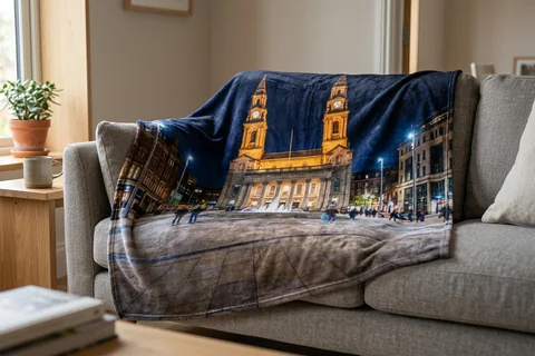 photo blanket leeds – a plush blanket printed edge to edge with Millennium Square at night draped over a sofa