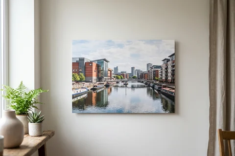 photo board print leeds – a frameless matte photo board of the Leeds Dock hanging flush on a pale wall